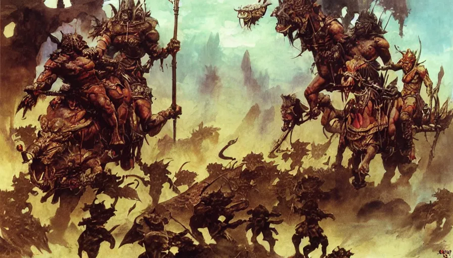 Image similar to Cheeky goblins riding a chariot, fantasy art by Frank Frazetta, by Marc Simonetti, highly detailed, oil on canvas