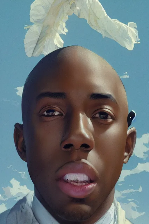 Image similar to ultra realistic tyler the creator, background is white and blank, elegant, highly detailed, digital painting, concept art, smooth, sharp focus, illustration, art by greg rutkowski and alphonse mucha