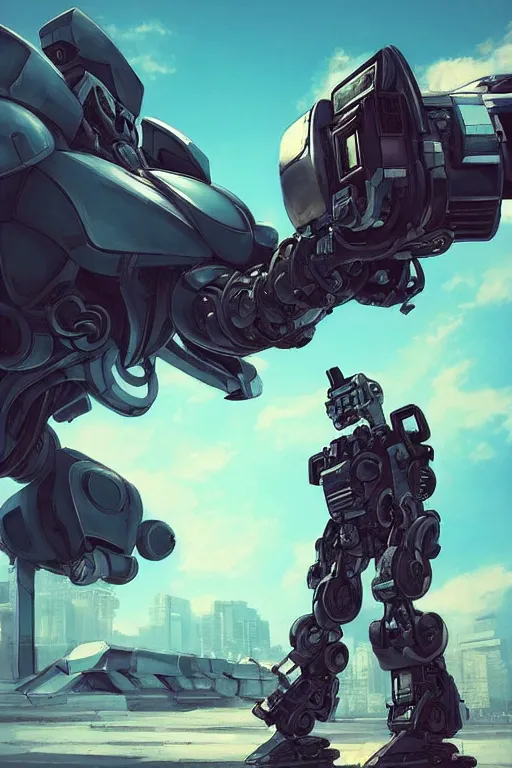 Prompt: a kid in front of giant robot, megalophobia, digital art, trending on artstation, epic