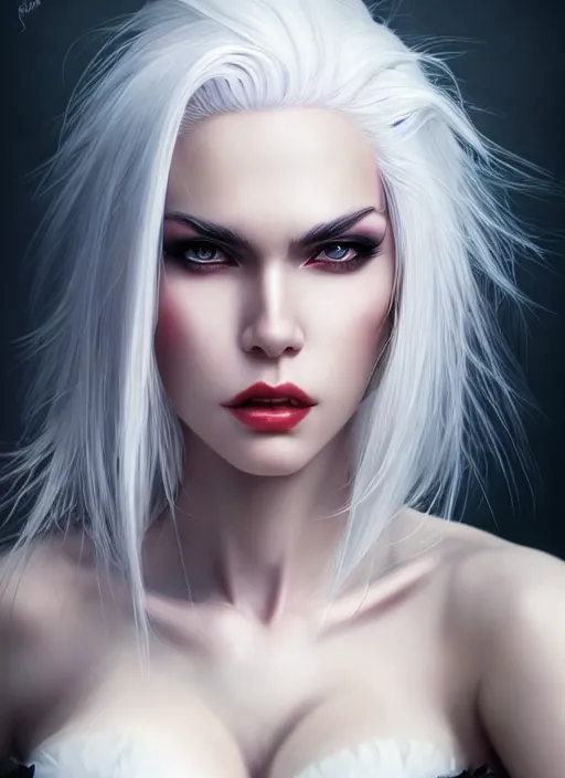 Image similar to photo of gorgeous woman with half red half white hair in the style of stefan kostic, realistic, half body shot, sharp focus, 8 k high definition, insanely detailed, intricate, elegant, art by stanley lau and artgerm, foggy backgeound