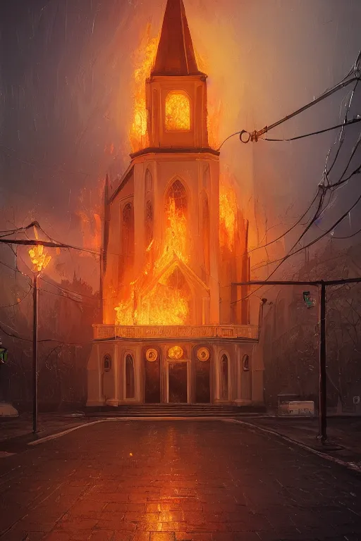 Prompt: a beautiful hyperrealistic painting of a church on fire by Alena Aenami, Anton Semenov, Alejandro Burdisio, trending on artstation, gigantic, octane render, brilliantly coloured, intricate, ultra wide angle, trending on artstation, dusk, volumetric lighting, polished, micro details, ray tracing, 8k