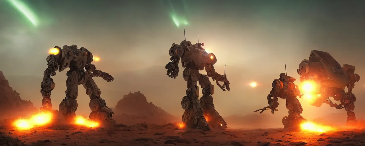 Image similar to robot mech fighting hard in the battlefield in a desert storm, volumetric lighting, mar planet, epic scene, futuristic, arcane style, intricate, highly detailed, digital painting, artstation, concept art, cinematic, smooth, sharp focus, illustration, aurora borealis, unreal engine 5, 8 k, art by artgerm and greg rutkowski and alphonse mucha