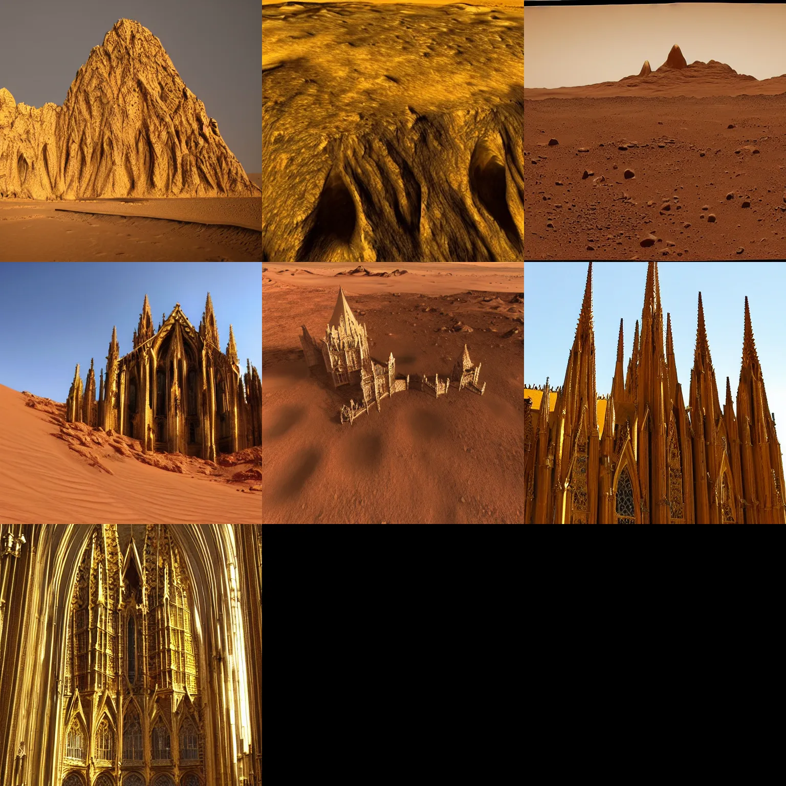 Prompt: gothic chathedral made of gold on mars,view from the outside