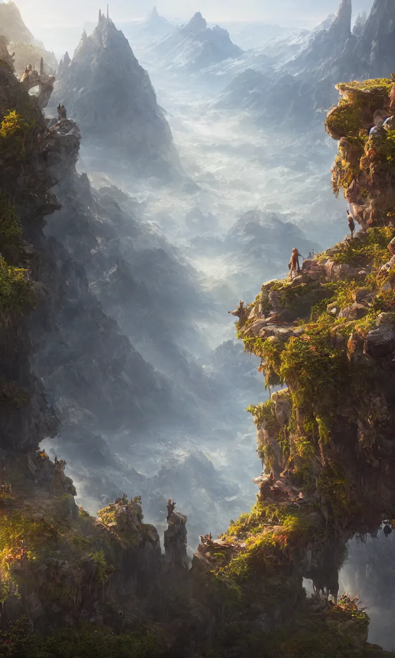 Image similar to an oil art view from a cliff looking out to a fantasy mountain landscape, 4 k, ultra detail, volumetric lighting, unreal engine, octane render, tom bagshaw, andreas rocha