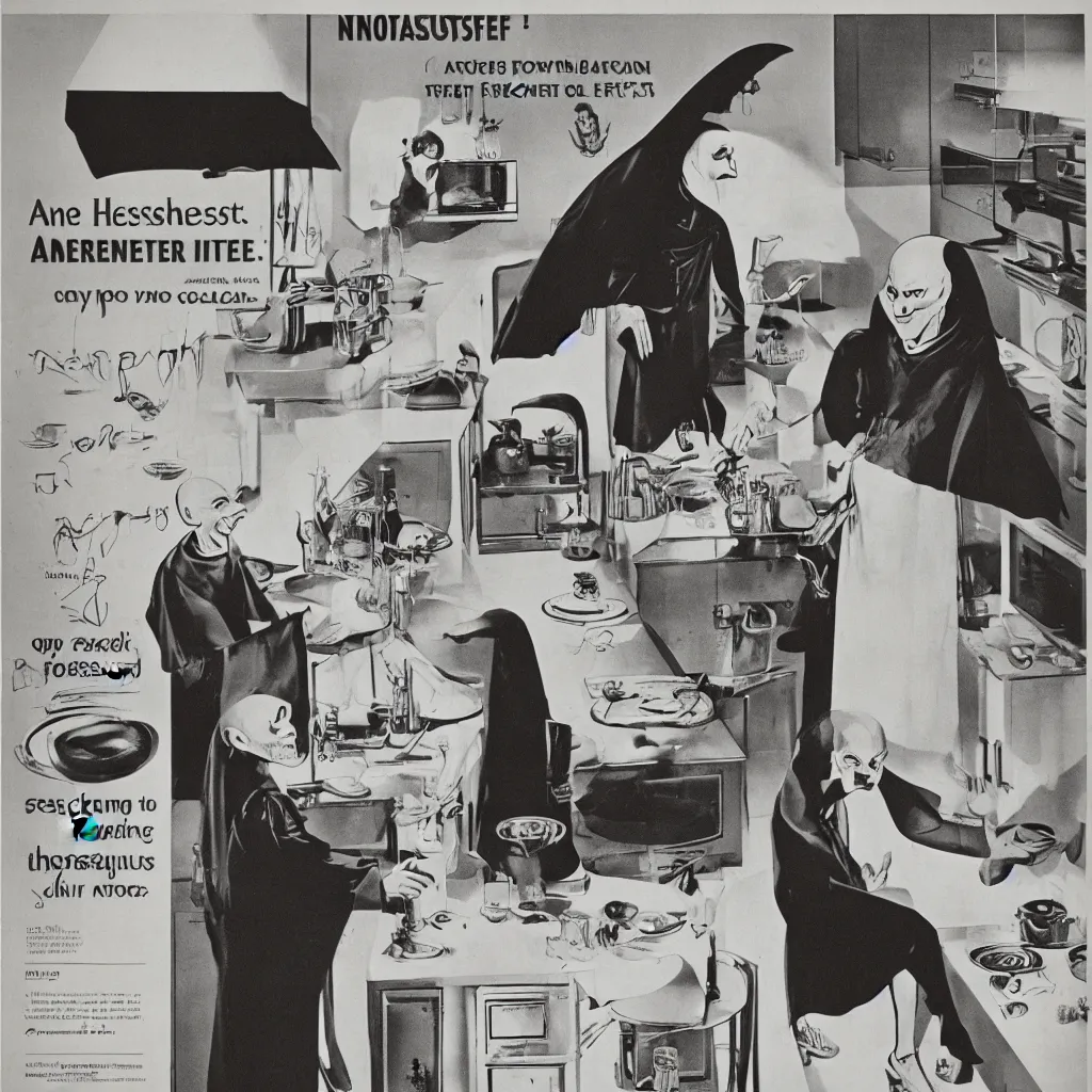 Image similar to nosferatu is cooking in a kitchen, american advertising 1 9 6 0's, photography