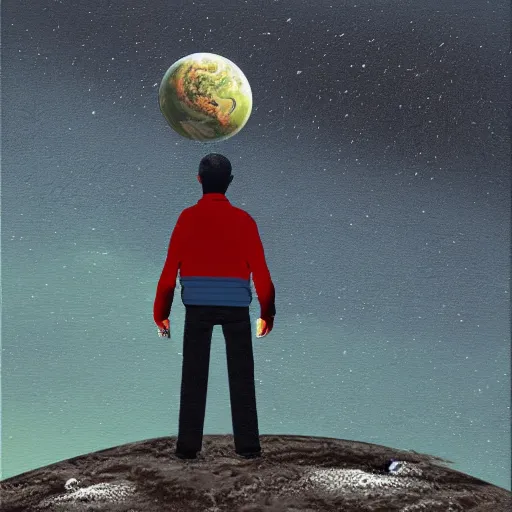 Prompt: a lonely man standing on a deserted planet, acrylic art, painting, canvas, gloomy, digital art,