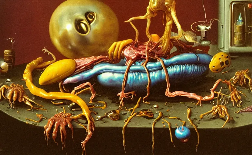 Prompt: terrifying alienbody, lurid colorful oil painting dutch golden age vanitas still life balanced composition with malignant objects strange gooey transparent surfaces shiny metal reflections bizarre mutant meat insects rachel ruysch dali todd schorr very detailed perfect composition rule of thirds masterpiece canon 5 0 mm, cinematic lighting, photography, retro, film, kodachrome