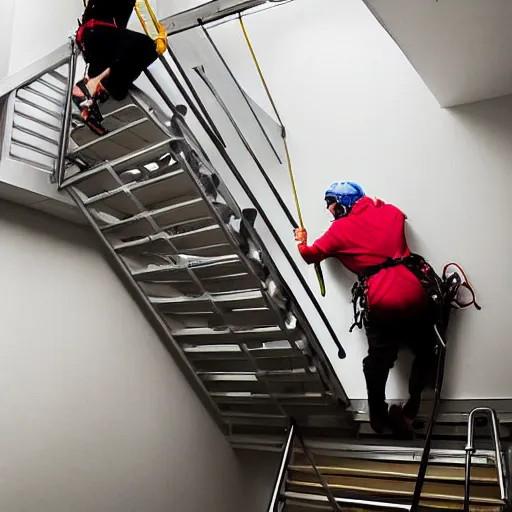 Prompt: A climbing expedition climbing the stairs of a regular apartment building. They are using ropes, pickaxes and other professional climbing gear in order to climb the stairs. Photograph, f/8, room lighting, indoor