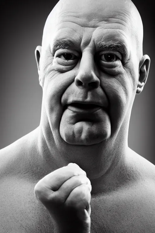 Image similar to studio portrait of man that looks excactly like homer simpson, lookalike, as if homer simpson came to life, soft light, black background, fine details, close - up, award winning photo by kenneth willardt