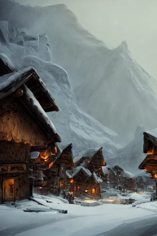 Image similar to mountain village with wooden viking houses in the snow, blizzard, landscape, raphael lacoste, eddie mendoza, alex ross, concept art, matte painting, highly detailed, rule of thirds, dynamic lighting, cinematic, detailed, denoised, centerd