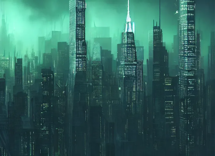 Image similar to cyberpunk scifi scene of new york skyline at night, artstation, matt painting, very detailed, maximalism, ambient occlusion, volumetric light, atmospheric haze, unreal engine, hyper realism, realistic shading, cinematic composition, realistic render, greenish tint, octane render, detailed textures, photorealistic, wide shot