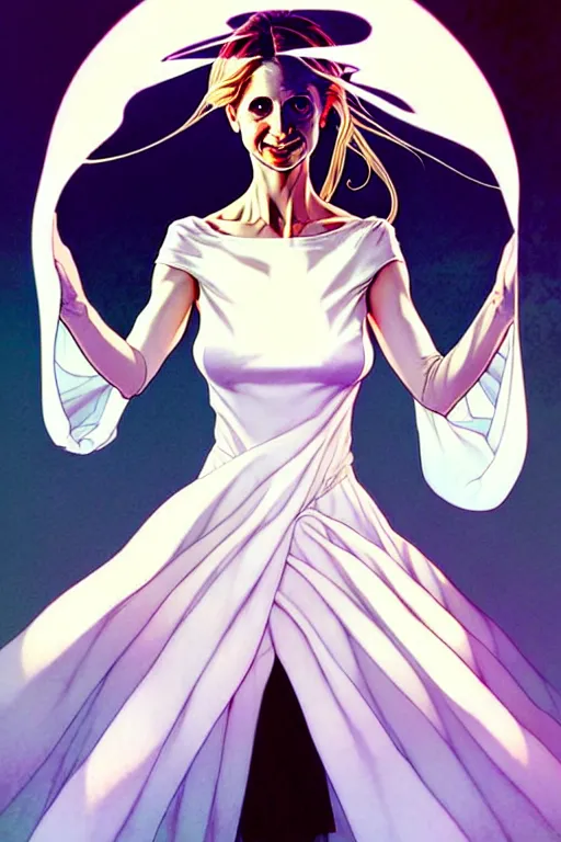 Prompt: artgerm, joshua middleton comic cover art, pretty ghost sarah michelle gellar entire full body, floating, creepy smile, white dress, friendly, translucent, symmetrical eyes, symmetrical face, long white hair, inside haunted house