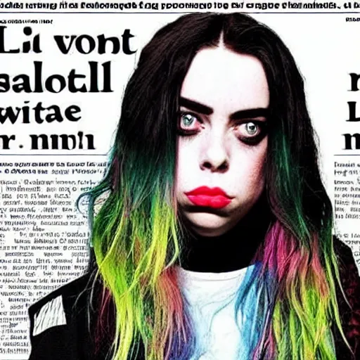 Image similar to crazy mad billie eilish on local newspaper