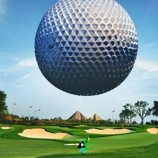 Image similar to a giant playing golf using the spaceship earth attraction at epcot as the ball in real life, highly detailed, extremely high resolution, ultra realistic