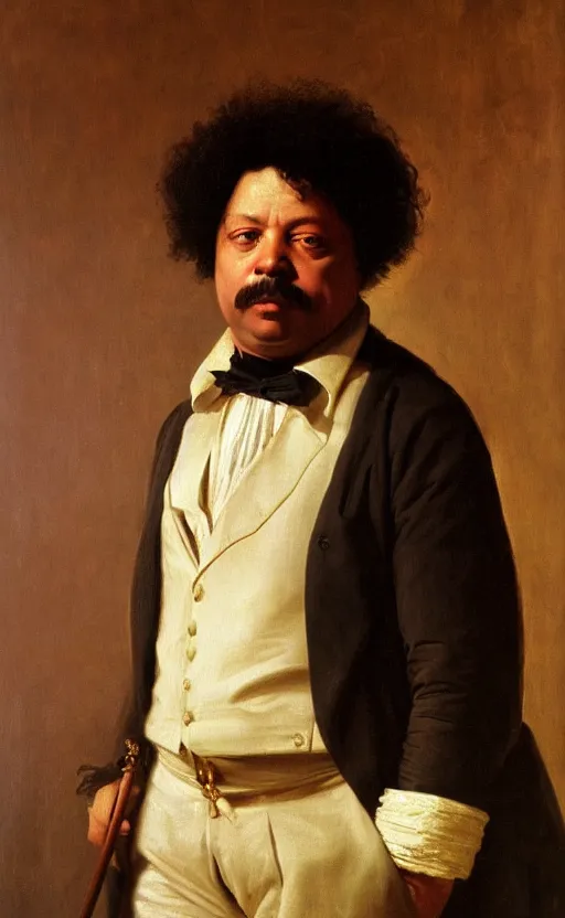 Prompt: Portrait of Alexandre Dumas, oil on canvas, highly detailed, by Kramskoy, 8k