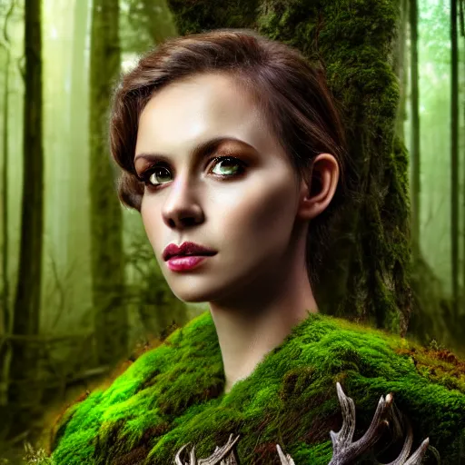 Image similar to a gorgeous wild woman that has deer antlers, deep forest background, matte oil painting, dnd art, fantasy, trees, terrain, moss, lichen, stunning, beautiful, feral, clear, crisp, sharp, award - winning, portrait, extremely detailed