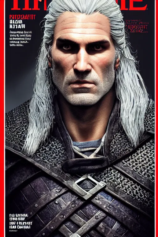 Image similar to portrait of geralt of rivia, 5 5 mm lens, professional photograph, times magazine, serious, stern look