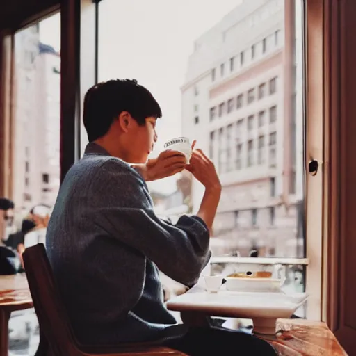 Image similar to a collection of vacation photos of byun baekhyun drinking tea in a cafe in downtown new york, photography, 5 0 mm, kodak film, uhd 8 k, stylistic blur