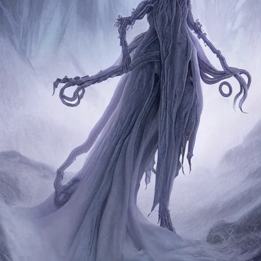 Image similar to concept designs of an ethereal ghostly wraith like figure with a squid like parasite latched onto its transparent skull and long tentacle arms that flow lazily but gracefully at its sides like a cloak while it floats around a frozen rocky tundra in the snow searching for lost souls and that hides amongst the frosted trees, this character has hydrokinesis and electrokinesis for the franchise Bloodborne in the style of arcane the series on netflix