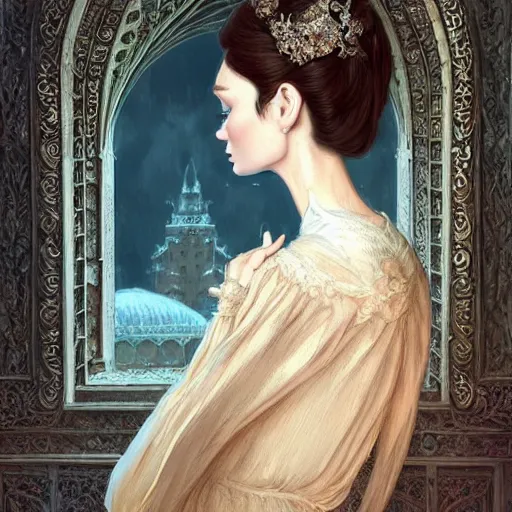 Image similar to audrey hepburn in an epic victorian novel, inside an ornate castle, intricate, elegant, highly detailed, digital painting, artstation, matte, illustration, art by artgerm, greg rutkowski, loish, rhads, ferdinand knab, makoto shinkai, lois van baarle, ilya kuvshinov, rossdraws, tom bagshaw