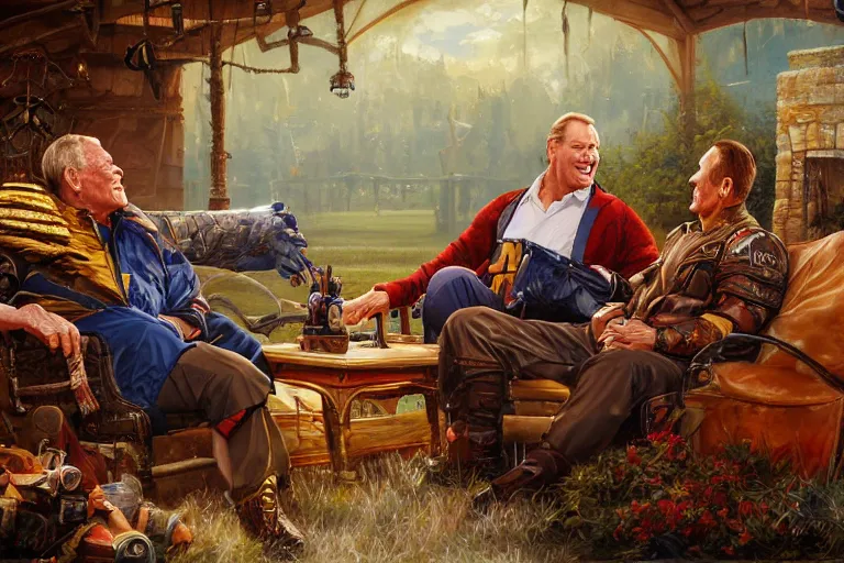 Image similar to portrait of jerry van dyke and craig t nelson planning football, an oil painting by ross tran and thomas kincade