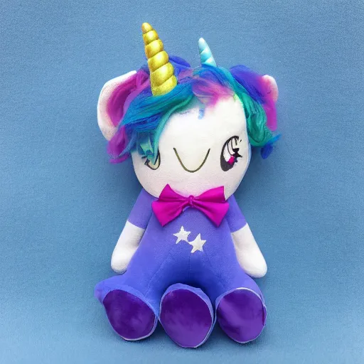 Image similar to a happy unicorn, plush doll, 8 k