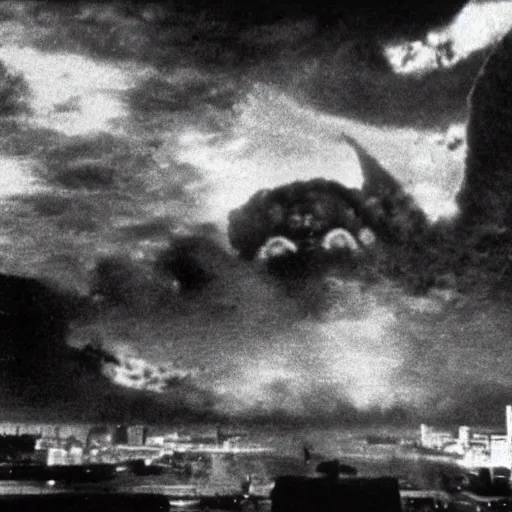 Image similar to a filmstill of Kim Jong-il, monster destroying Pyongyang, in Godzilla (1954) by Ishirō Honda, epic ultrawide shot, cinémascope