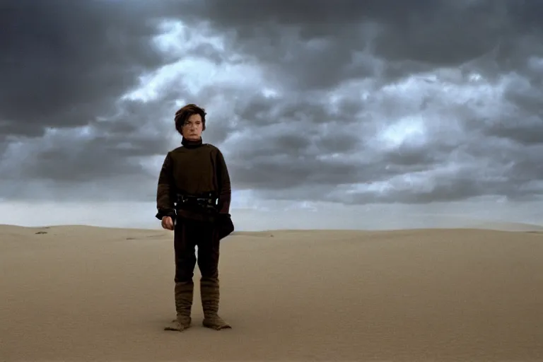 Prompt: a cinematic wide angle shot of a boy in the movie dune, in a serene vast desert, stormy weather, dry, film still, cinematic, movie still, dramatic lighting, by annie leibovitz