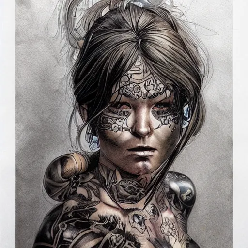 Prompt: a beautiful portrait of a heavily tattooed woman Travis Charest style