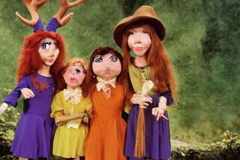 Prompt: full color frame from a live action 1972 kids show with three witchy sisters, sad golden deer puppet, and the friends