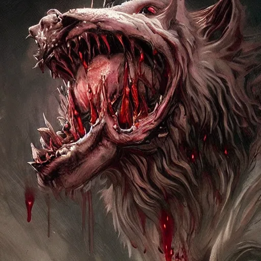 Image similar to Dark Fantasy Painting of a werewolf with blood dripping from its mouth, creepy, unsettling, horror, upper body, intricate, wild, highly detailed, digital painting, artstation, concept art, smooth, sharp focus, illustration, art by artgerm and greg rutkowski and alphonse mucha