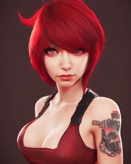 Image similar to a girl with short red hair, cool, vi from arcane, league of legends, fighter, cool red jacket, tattoo, beautiful, 3 d, potrait, art staion, studio light, closeup shot, octane render, wlop