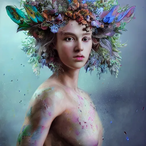 Image similar to full body pose, hyperrealistic mixed media painting of beautiful wood nymph, dim volumetric lighting, 8 k, octane beautifully detailed render, extremely hyper detailed, intricate, epic composition, cinematic lighting, masterpiece, trending on artstation, very very detailed, masterpiece, stunning, hdr, smooth, sharp focus, high resolution, award, winning photo, dslr, 5 0 mm