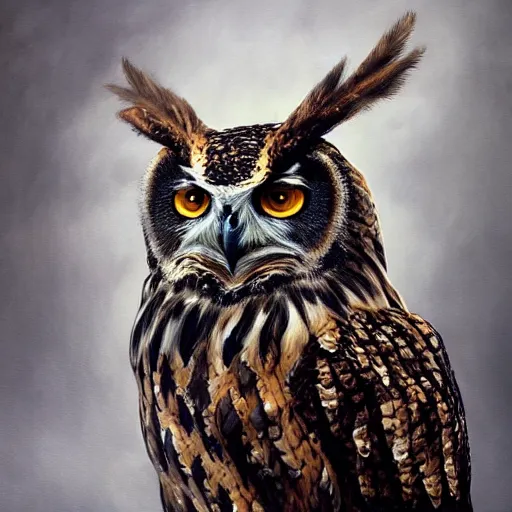 Image similar to eagle owl hybrid, character design, Kim Keever, oil painting, detailed, octane render, beautiful composition, trending on artstation, award-winning photograph, masterpiece