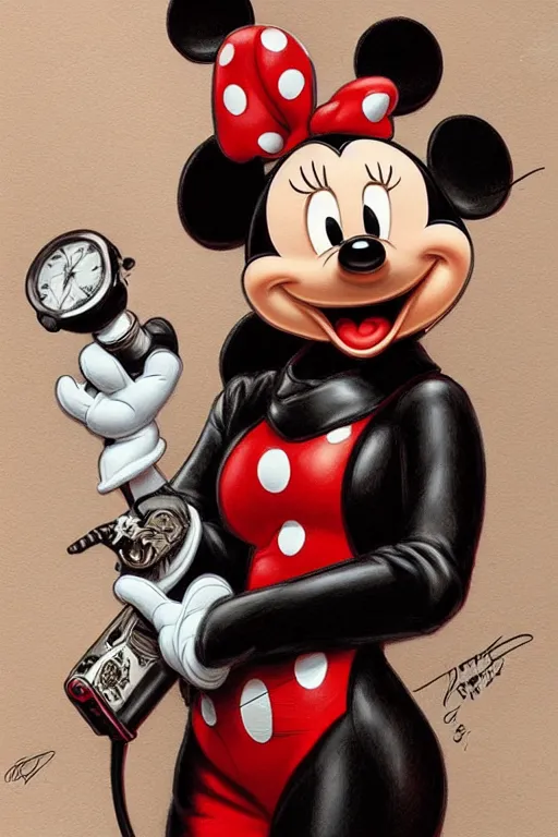 Prompt: Mickey Mouse as a heroine in black&red leather, intricate, elegant, highly detailed, centered, digital painting, artstation, concept art, smooth, sharp focus, illustration, art by artgerm and donato giancola and Joseph Christian Leyendecker, Ross Tran, WLOP, crack pipe