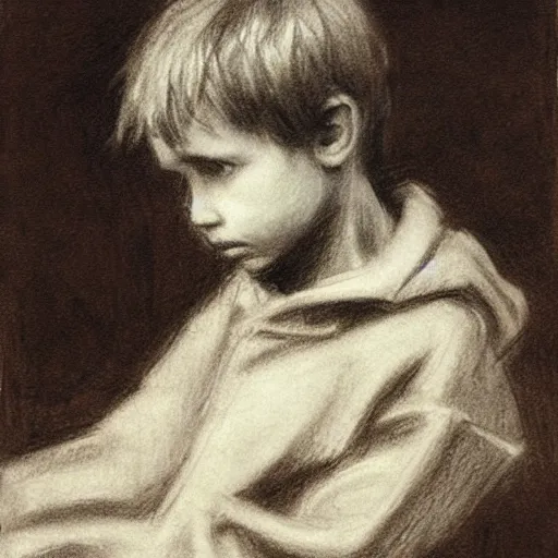 Prompt: portrait drawing of a homeless boy, charcoal, chalk, russian academicism, ilya repin, thomas kennington, dark, mix of hatching and smudging technique, moody, melancholic, hopeless expression, victorian city in the background