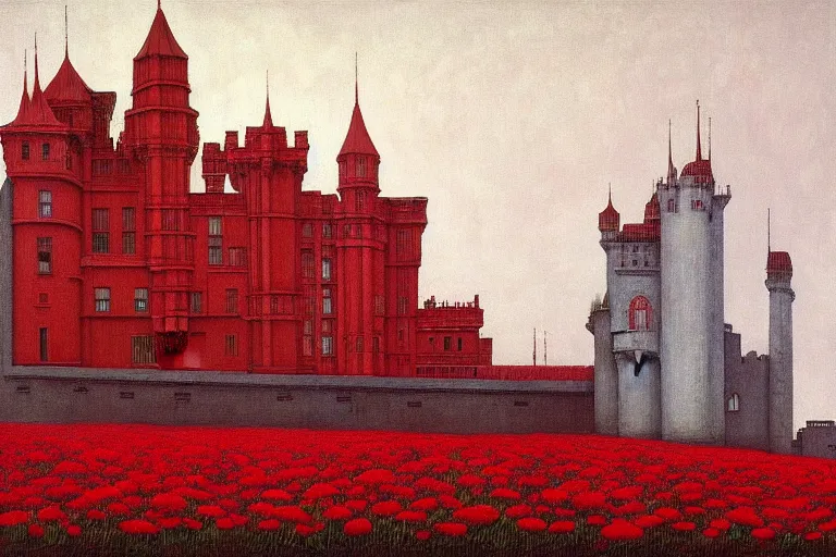 Image similar to only with red, red flowers of different types, red castle in background, red medieval big fat goblins, in the style of beksinski, parts by edward hopper, parts by rodcenko, parts by yue minjun, intricate and epic composition, red by caravaggio, insanely quality, highly detailed, masterpiece, red light, artstation, 4 k