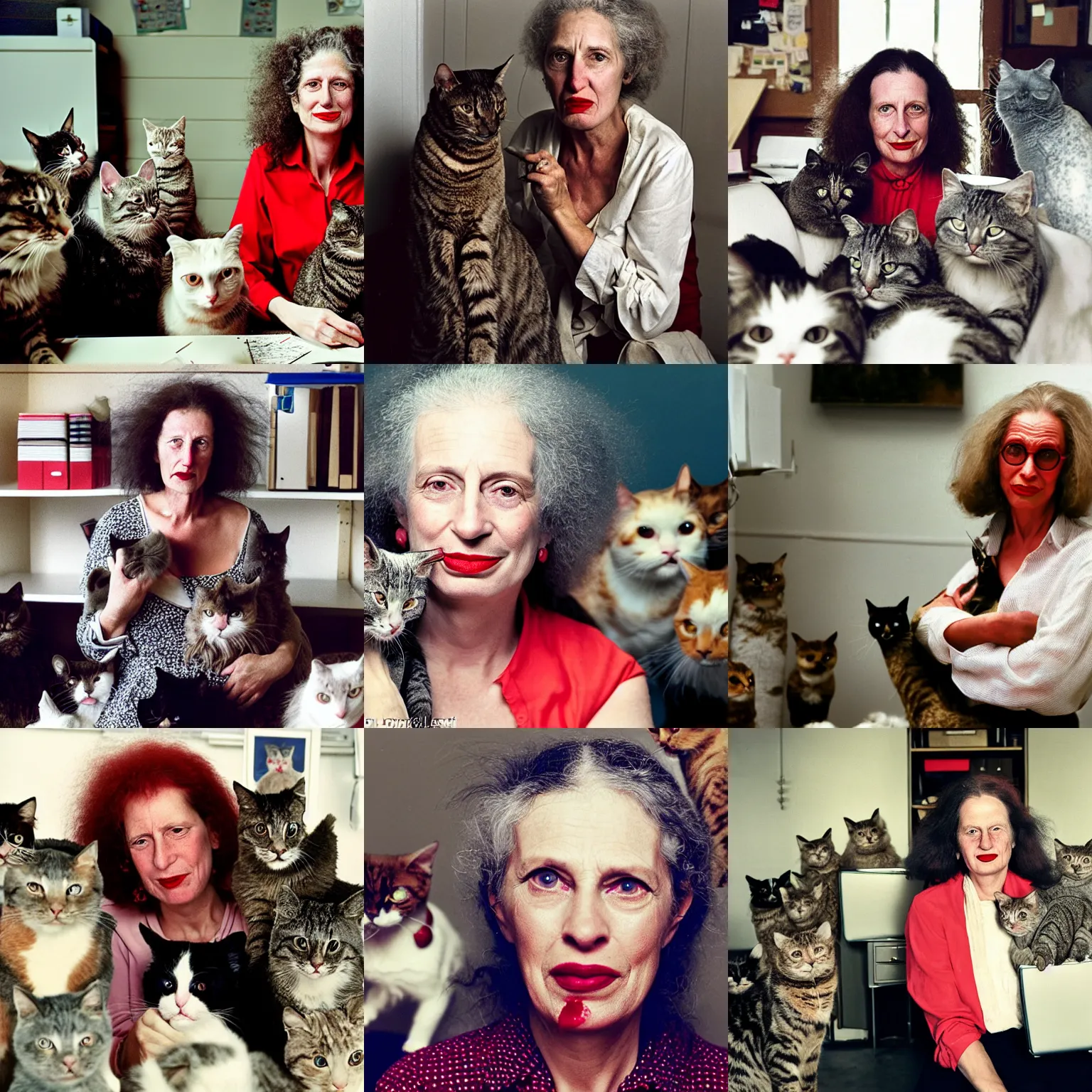 Prompt: Candid portrait photograph of the Crazy Cat Lady as a haggard old crone, shoulder length frizzy hair and red lipstick, surrounded by cats, working in an office, taken by Annie Leibovitz