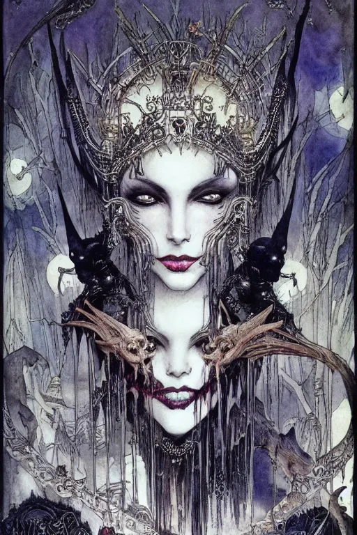 Image similar to dark vampire queen closeup face surrounded by bats, art by luis royo and walter crane and kay nielsen, watercolor illustration,