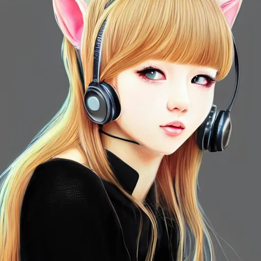 Image similar to realistic beautiful gorgeous natural cute Blackpink Lalisa Manoban blonde hair cute fur blonde cat ears, wearing summer outfit, wearing headphones, wearing black leather choker artwork drawn full HD 4K highest quality in artstyle by professional artists WLOP, Taejune Kim, Guweiz on Artstation Pixiv