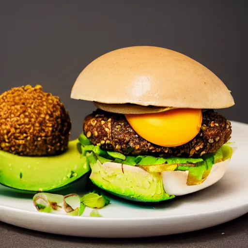 Image similar to juicy vegan hamburger topped with avocado and onion and a vegan fried egg, crispy buns, 8 k resolution, professional food photography, studio lighting, sharp focus, hyper - detailed