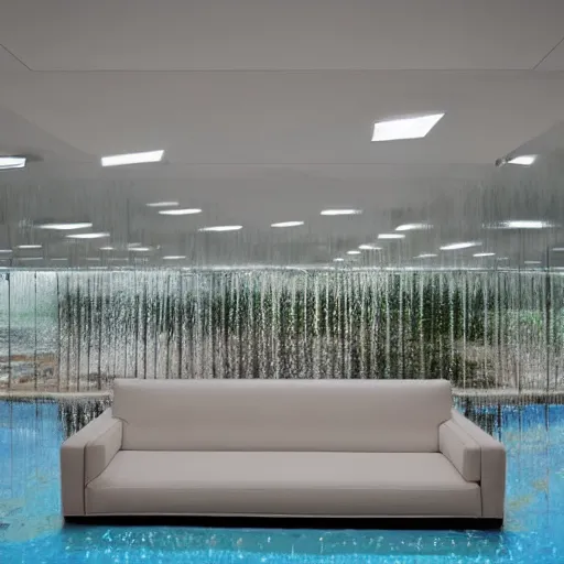 Prompt: upholstered sofas fluorescent ceiling lighting rectangular water feature in a large minimalistic concrete room, a tilt shift photo by leandro erlich, featured on cg society, kitsch movement, hall of mirrors, high dynamic range, studio portrait