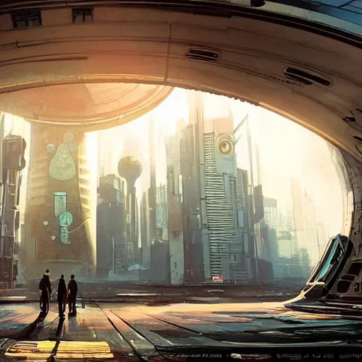 Image similar to centered circular derelict portal in a middle of a futuristic cityscape, world seen only through a portal, daylight, cinematic perspective, cinematic lighting, blue sky, syd mead, john harris, symmetrical