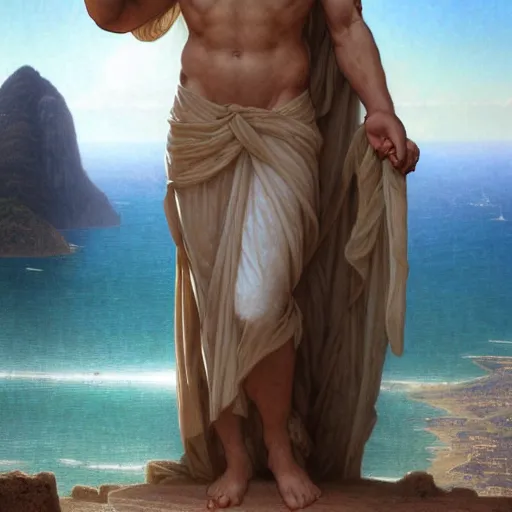 Prompt: an extremely detailed matte painting of a ridiculously good looking jesus that looks like a jewish gigachad as the christo redentor, long curly hair, elegant ancient greek dress, very detailed, rio de janeiro, beautiful, intricate, cinematic, artstation, william bouguereau, alphonse mucha, greg rutkowski, rossdraws, octane render