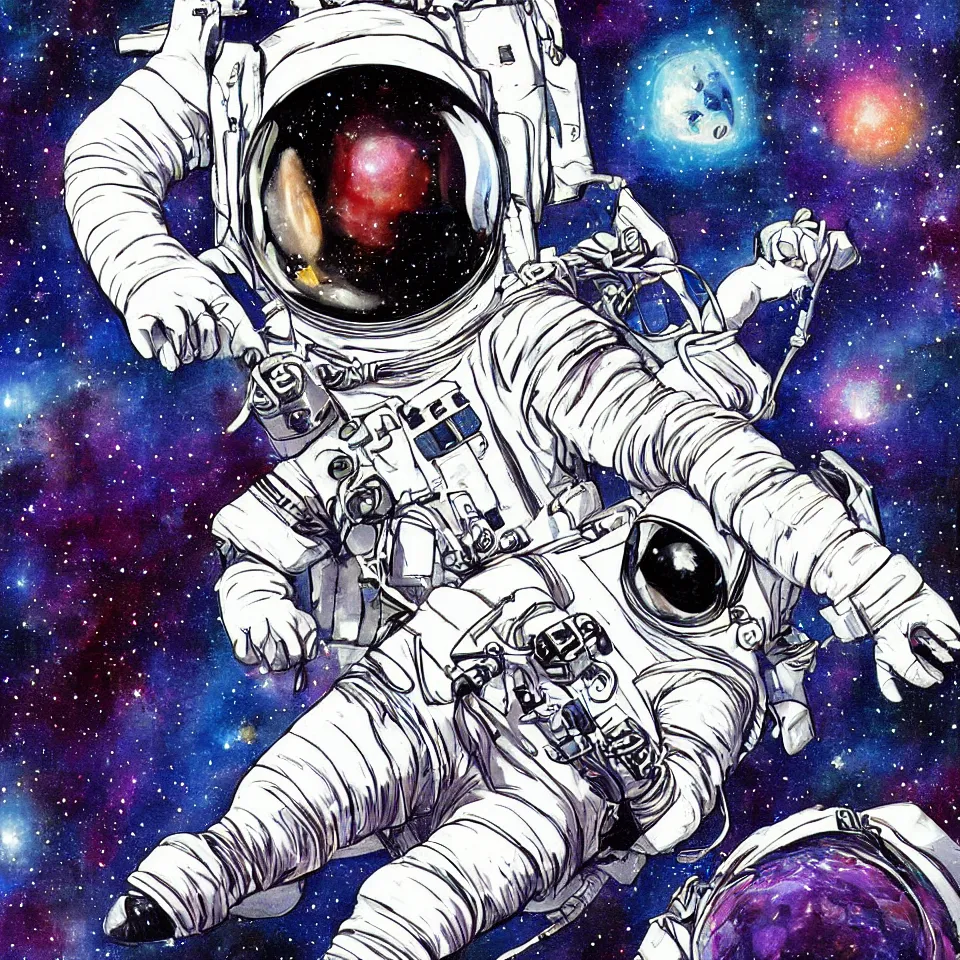 Prompt: an astronaut with headphone playing keyboard in the space, digital painting, digital art, illustrated by neal adams