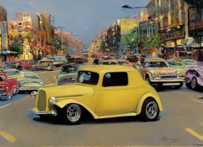 Image similar to hotrods driving down a street , vintage, high detail, golden hour, 8K, by John Berkey