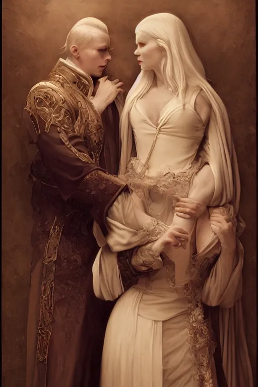 Image similar to a portrait of handsome young male albino Satan and his elegant beautiful albino wife, bored, illustration, dramatic lighting, soft details, painting oil on canvas, art nouveau, octane render, HDR, 4k, 8k, HD, by Edmund Blair Leighton, Brom, Charlie Bowater, trending on artstation, faces by Tom Bagshaw, Sargent