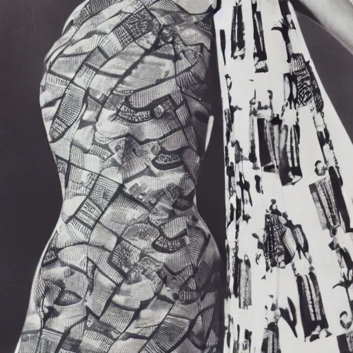 Prompt: close up of a dress with print of a female body ,Photographed by Henry Clarke, Vogue, January 1965