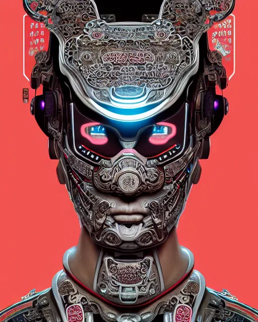 Image similar to portrait of a cyberpunk machine, machine face, upper half portrait, decorated with chinese opera motifs, asian, fine china, traditional chinese art, intricate, elegant, highly detailed, symmetry, headpiece, digital painting, artstation, concept art, smooth, sharp focus, illustration, art by artgerm and greg rutkowski and alphonse mucha, 8 k