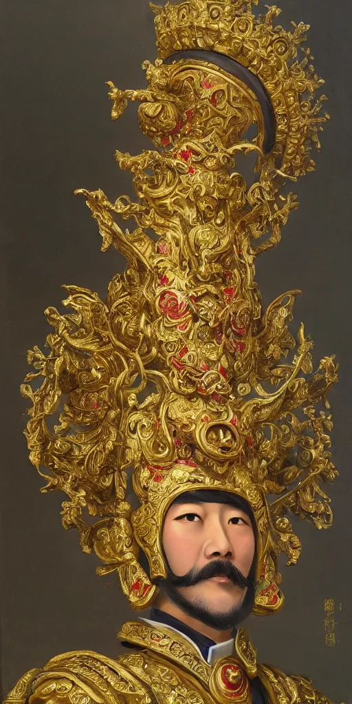 Prompt: a highly detailed romantic period style oil painting of the Chinese military general Lü Bu wearing an ornate golden headdress by Josep Tapiró Baró, trending on artstation, masterpiece, symmetry